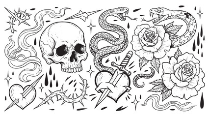 Collection of traditional tattoo flash designs with a skull, snakes, roses, and hearts pierced by daggers, hand-drawn in a classic black and white line art illustration style