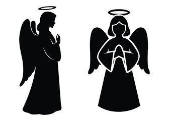 Angel Silhouette with Halo and Wings Praying. Black Spiritual Vector Illustration.