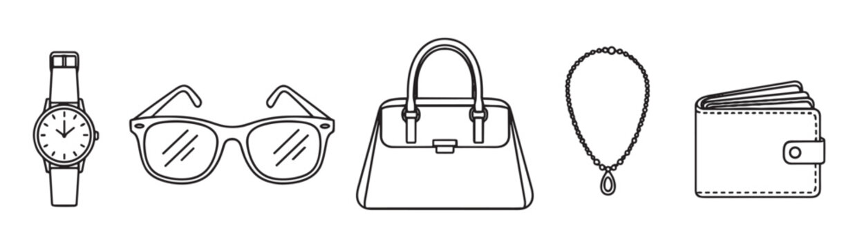 Set of women's fashion accessories drawn in a simple black outline style, including a watch, glasses, handbag, necklace, and wallet for a minimalist concept