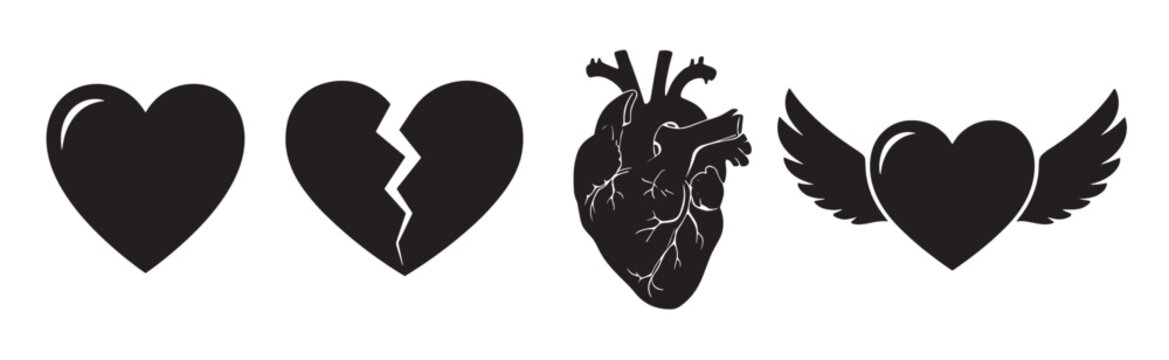 Set of four black heart icons showing different concepts of love, including a whole heart, a broken heart, an anatomical heart, and a heart with angel wings in a simple vector style