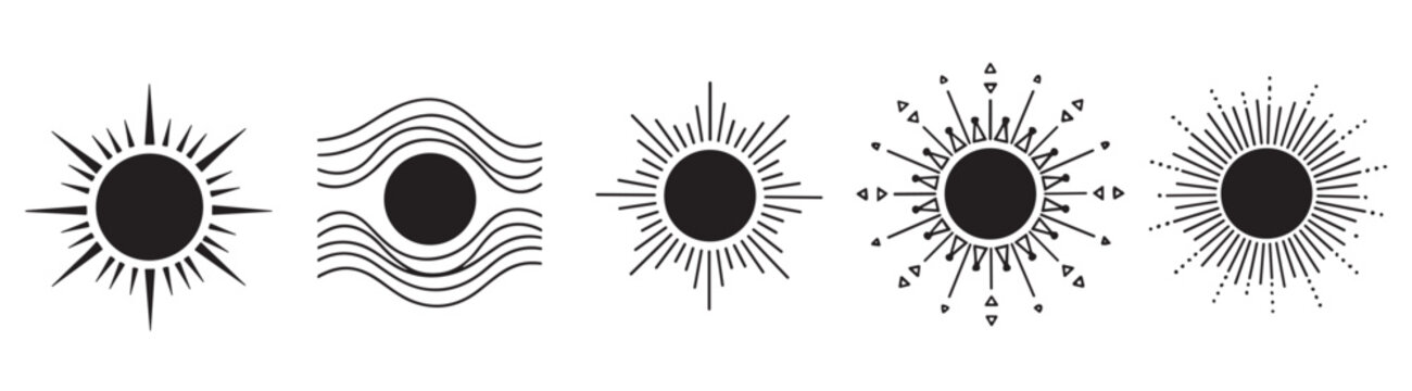 Set of five black sun symbols with geometric rays and patterns, a collection of minimalist celestial icons for astrology, tarot, or esoteric branding concepts