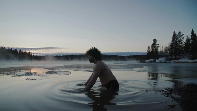 Man wading and submerging in a misty, cold lake at dusk, showing courage and resilience in winter nature scene