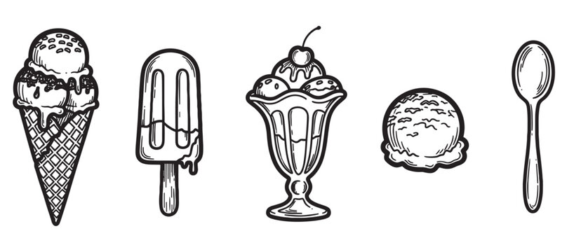 Set of five hand-drawn ice cream dessert icons in a vintage sketch style, featuring a cone, popsicle, sundae with a cherry, a single scoop, and a small spoon