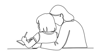 One line art continuous line drawing illustrating a mother or guardian gently guiding a small childs hand while they write or draw on a piece of paper isolated on white background