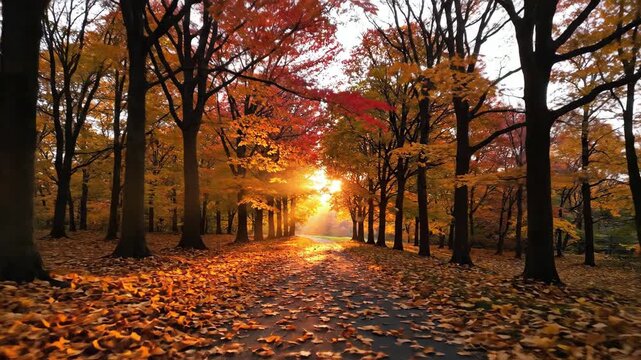 Autumn forest path bathed in golden sunset light with fallen leaves