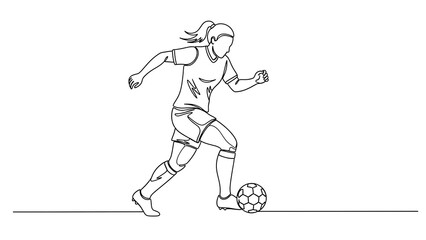 One line art line art drawing of a female soccer player dribbling a ball forward with focus and determination, isolated on white background