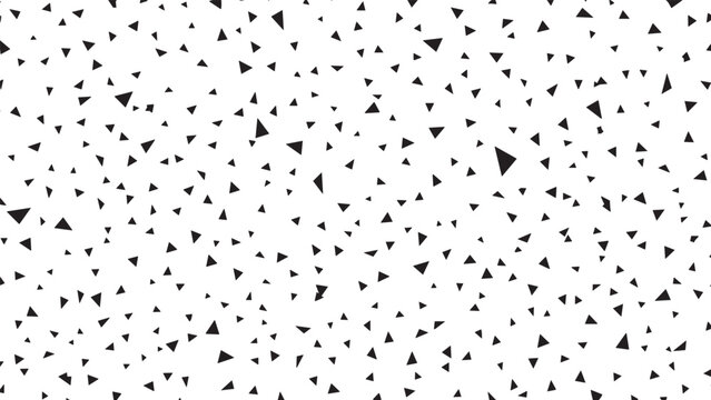 Minimalist black and white seamless pattern of randomly scattered small triangles in a chaotic yet simple geometric design, creating an abstract and modern texture