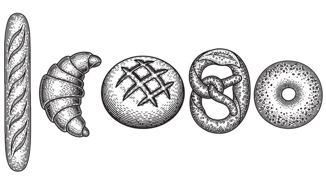 Set of five vintage bakery items including a baguette, croissant, round loaf, pretzel, and bagel, illustrated in a detailed black and white hand-drawn engraving style