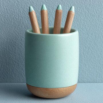 A close up studio shot of four wooden pencils with mint green tips contained within a speckled mint green ceramic holder with a wooden base, resting on a textured gray surface.