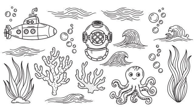 Hand-drawn set of cute underwater elements including a submarine, octopus, diving helmet, coral, and waves in a black and white doodle sketch style for creative design