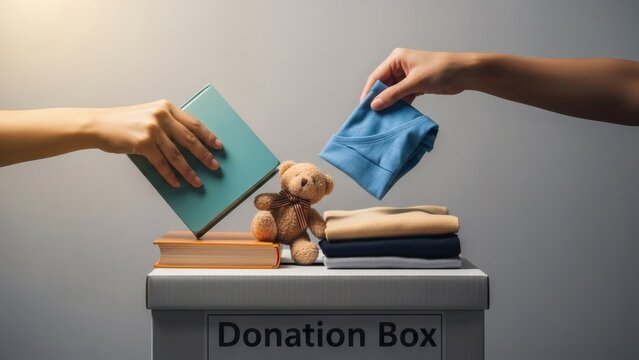 People donating books, clothes, and toys into a white donation box for charity.