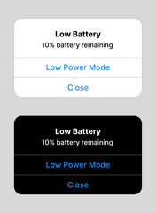 Low battery notification interface vector design template editorial.