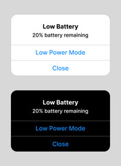 Low battery notification interface vector design template editorial.
