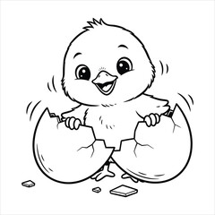 A Baby chick hatching from an egg black line art, white background