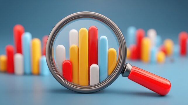 Magnifying glass over colorful bar chart representing employee development tracker icon concept dashboard monitor