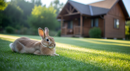 Relaxed Brown Rabbit on Green Grass by a Wooden Cabin