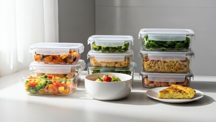 Stacks of clear plastic food containers filled with various foods on a white countertop.