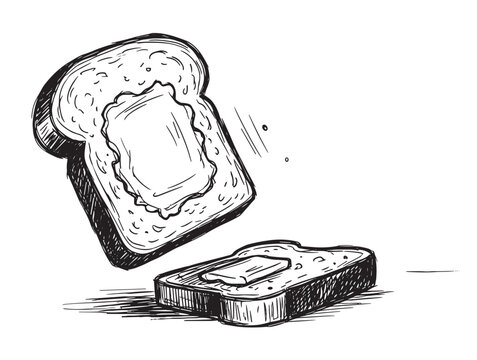 Buttered toast slice falling butter side down in a hand-drawn black and white sketch illustrating Murphy's Law and the concept of bad luck or misfortune in a simple graphic style