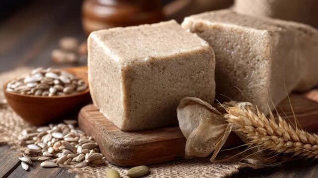 Halva cubes from sunflower seeds with wheat and wooden elements on a rustic surface
