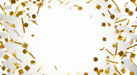 Reflective gold foil confetti pieces (squares, circles, streamers) cascading dynamically in a decorative frame against a transparent studio background with central copy space. Elegant celebration