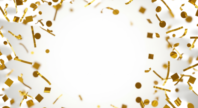 Reflective gold foil confetti pieces (squares, circles, streamers) cascading dynamically in a decorative frame against a transparent studio background with central copy space. Elegant celebration - Powered by Adobe