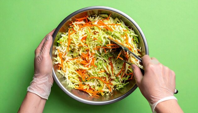 Mixing Fresh Coleslaw in Stainless Bowl