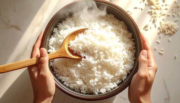 Scooping Steamed White Rice with Wooden Spoon
