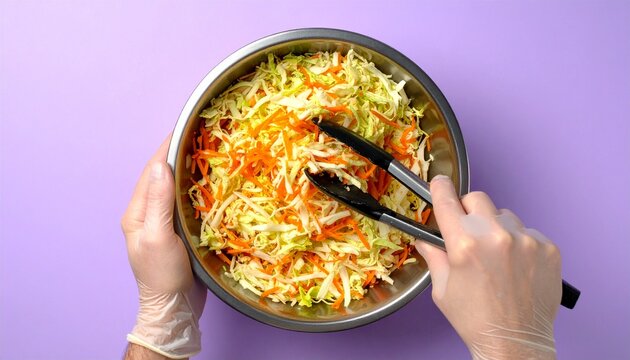 Preparing Shredded Coleslaw with Gloves