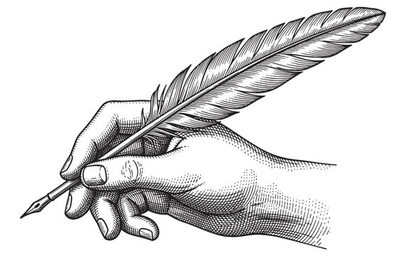 Hand holding a vintage feather quill pen in a classic black and white engraving style, illustrating concepts of literature, history, poetry, and calligraphy