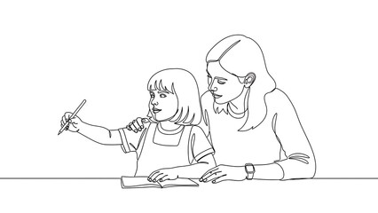 One line art line art drawing of a mother or teacher patiently guiding a young girl writing or drawing in a book, isolated on white background