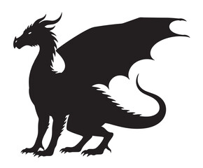 Fototapeta premium Black dragon silhouette with large wings and a long tail stands in a powerful side profile pose, representing a mythical creature from fantasy folklore and heraldry
