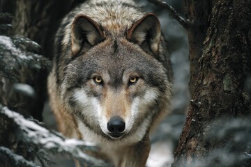 Vivid depiction of a wolf in a snow-covered forest showcasing its intense gaze and majestic posture amidst towering trees