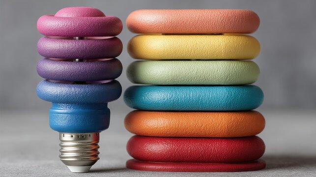 A light bulb surrounded by a stack of colorful lights representing an energy efficiency upgrade file and report outline