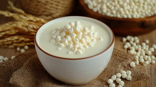 Cottage cheese in a white bowl with dairy grains on a rustic wooden table