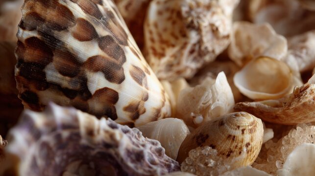 Close-up of a group of seashells. the shells are of different sizes and shapes, with some being conch shells and others being conical shells.