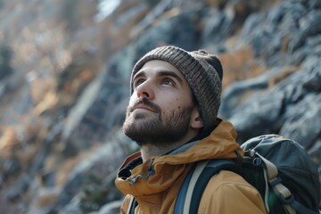Young male hiker looking up at mountain peak during hiking trip in the mountains