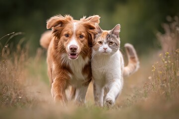 Playful dog and cat duo joyfully frolicking together in a lush green field during a sunny afternoon near a serene landscape