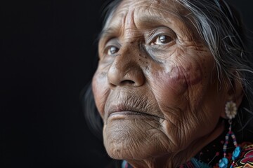Close up portrait of a wise indigenous elder, her face etched with the stories of a long life, reflecting deep cultural heritage and wisdom