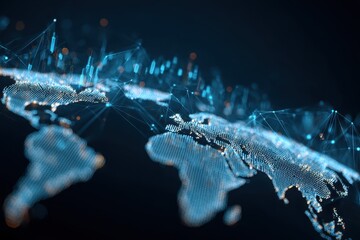 Global business growth and economic trends illustrated by a digital map showing interconnected markets and networks across continents in the modern landscape