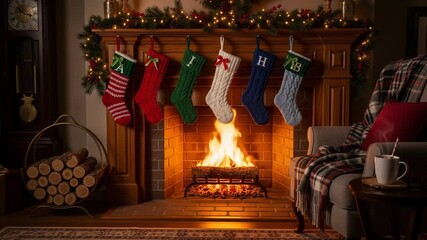 Cozy christmas living room with stockings hanging above a warm fireplace and hot chocolate, 4k video - Powered by Adobe