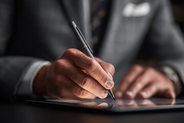 Businessman using digital pencil to sign documents while seated at a modern desk during a professional meeting