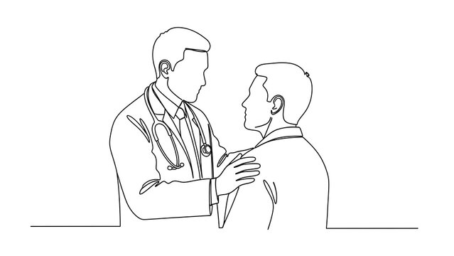 One line art continuous line drawing of a doctor comforting a patient by placing a reassuring hand on their shoulder, isolated on white background