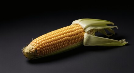 Close-up of an ear of corn with husk partially peeled back, on a dark surface.