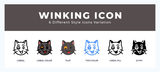 Winking cat icon set with different styles. Vector illustration.