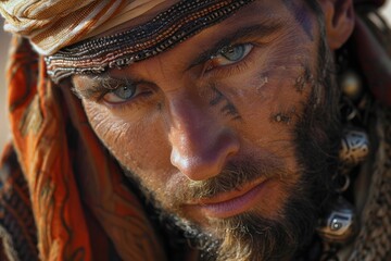 Close up of a tuareg nomad showcasing traditional headwear, jewelry, and facial markings, reflecting cultural heritage and desert life