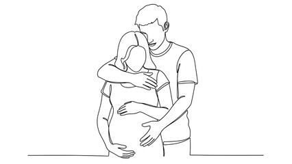 One line art minimalist continuous line drawing illustrating a loving couple embracing a pregnant womans baby bump, isolated on white background