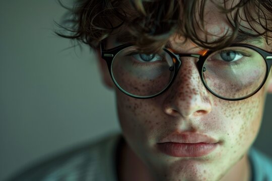 Portrait of a serious young man wearing round glasses and staring intensely, his face covered in freckles