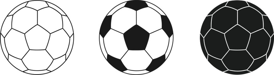 Three distinct soccer ball illustrations: outline, classic black and white, and solid black, showcasing the iconic polygonal pattern.