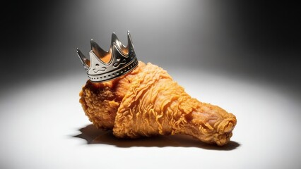 A golden-brown, crispy fried chicken drumstick adorned with a shiny silver crown, presented dramatically under a spotlight.