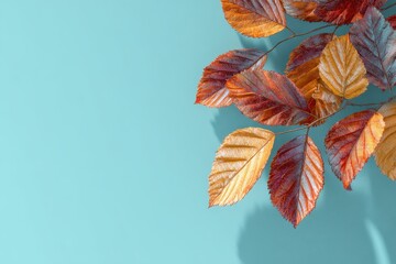 Obraz premium Colorful autumn leaves resting on a light blue background showcasing nature's beauty in a simple yet elegant display during fall